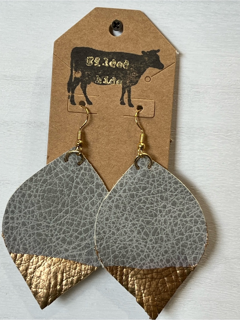 Gray and Gold dipped Leather Leaf Drop Earrings